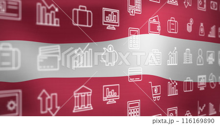 Image of interface with multiple digital icons against waving austria flag background Image of interface with multiple digital icons against waving austria flag background 116169890