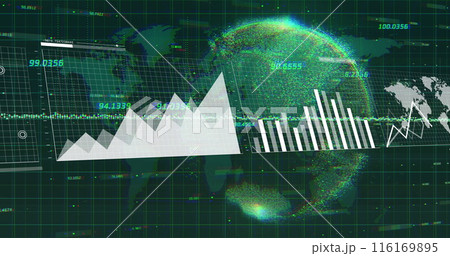 Image of graphs, map, loading bars, globe and map with numbers over black background Image of graphs, map, loading bars, globe and map with numbers over black background 116169895