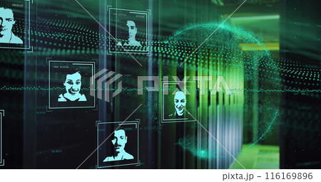 Image of digital profile picture with graph and changing numbers over dynamic waves and globe 116169896