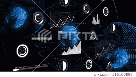 Image of multiple graphs, loading bars, circles and multiple globes over black background 116169899