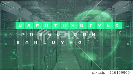 Image of illuminated pattern on keyboard with graph, icons and globe over server room 116169900