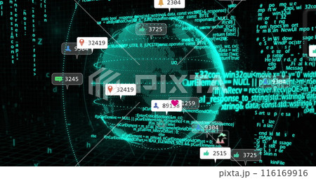 Image of social media icons over spinning globe and data processing against black background 116169916