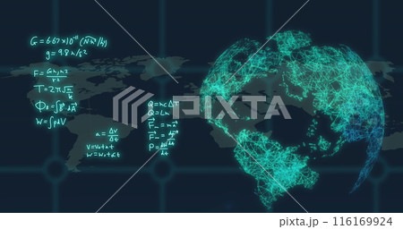Image of mathematical equations and rotating globe over map in background Image of mathematical equations and rotating globe over map in background 116169924