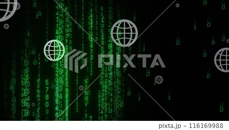 Image of globe icons over falling changing numbers and binary codes over black background 116169988