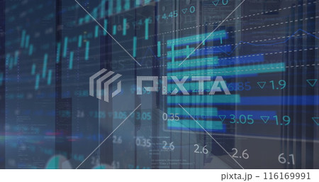 Image of multiple graphs and trading board over data server room Image of multiple graphs and trading board over data server room 116169991