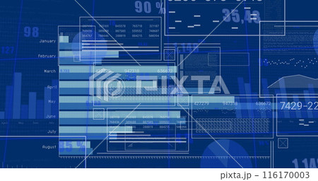 Image of graphs, months names, changing numbers, loading circles and bars over blue background Image of graphs, months names, changing numbers, loading circles and bars over blue background 116170003