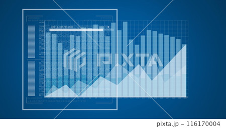 Image of loading bar with changing numbers, graphs, data over blue background 116170004