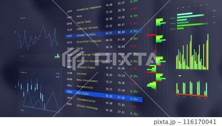 Image of interface with statistical and stock market data processing against grey background 116170041