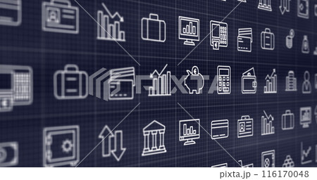 Image of interface with multiple digital icons against blue background Image of interface with multiple digital icons against blue background 116170048
