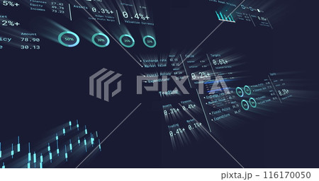 Image of stock market data processing against black background Image of stock market data processing against black background 116170050