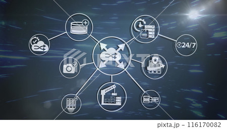 Image of flowchart of icons over circular abstract pattern and lens flare 116170082