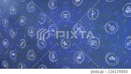 Image of icon in loading circles over lens flares and dots moving in circular pattern 116170083