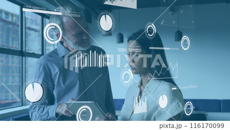 Image of statistical data processing over diverse man and woman discussing over tablet at office Image of statistical data processing over diverse man and woman discussing over tablet at office 116170099