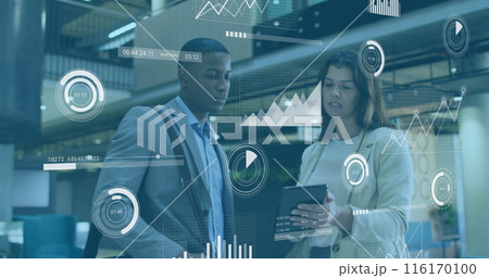 Image of data processing against diverse businessman and businesswoman discussing at office 116170100