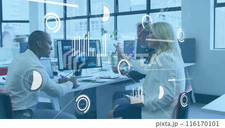 Image of statistical data processing against diverse colleagues over a computer at office Image of statistical data processing against diverse colleagues over a computer at office 116170101