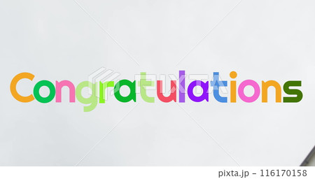 Image of congratulations text over happy diverse schoolgirls throwing mortar boards in air 116170158