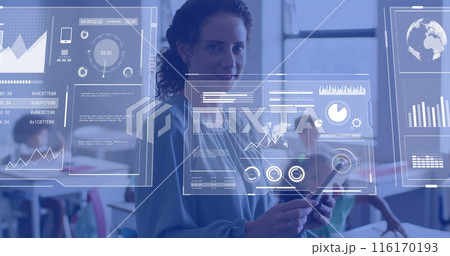 Image of data processing over happy diverse female teacher using tablet in school classroom 116170193