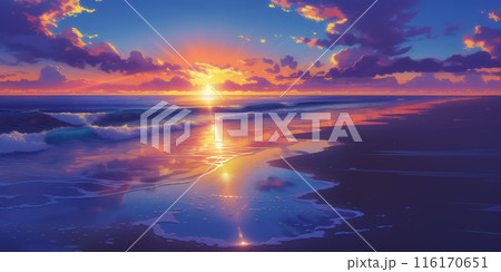 夕方の海のアニメ風背景　AI生成画像 116170651