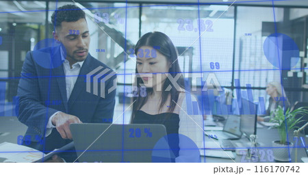 Image of graphs with changing numbers over diverse coworkers discussing reports on laptop 116170742