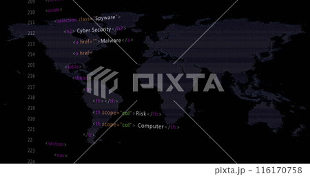 Image of multicolored computer language and map over black background 116170758