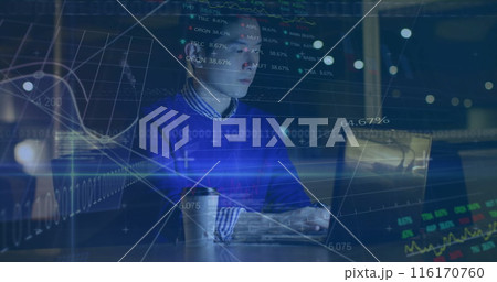 Image of computer language , graphs, trading board, asian man working on laptop 116170760