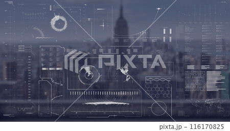 Image of globe, radar, loading bars and circles over modern cityscape against sky 116170825