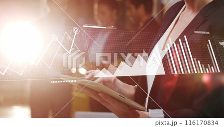 Image of infographic interface, diverse business people using digital tablet against lens flare 116170834