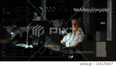 Image of infographic interface and focused caucasian businesswoman working over computer 116170837