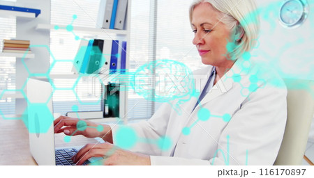 Image of medical data processing over caucasian female senior doctor using laptop at hospital 116170897