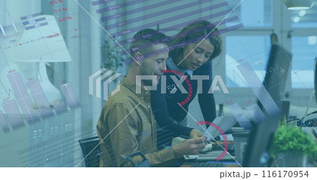 Image of data processing over diverse business people working in office 116170954