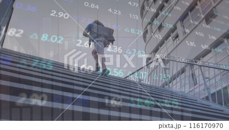 Image of financial data processing over caucasian man running Image of financial data processing over caucasian man running 116170970