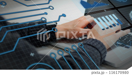 Image of graphs, circles and circuit board pattern over caucasian man working on laptop 116170980