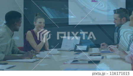 Image of infographic interface over diverse colleagues discussing ideas and project in boardroom Image of infographic interface over diverse colleagues discussing ideas and project in boardroom 116171015