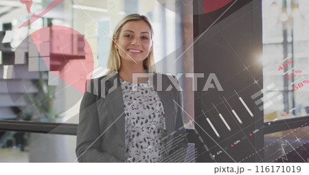 Image of infographic interface over caucasian female professional in office Image of infographic interface over caucasian female professional in office 116171019