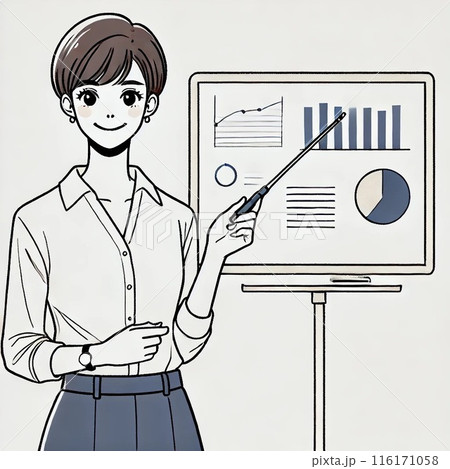 グラフを説明する女性 116171058
