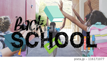 Image of back to school text with school icons over school children running at school 116171077