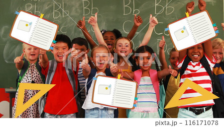 Image of school items icons over happy school children with thumbs up Image of school items icons over happy school children with thumbs up 116171078