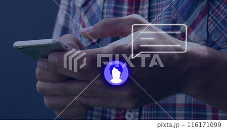 Image of neon profile and message icon against mid section of man using a smartphone Image of neon profile and message icon against mid section of man using a smartphone 116171099