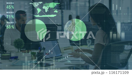 Image of statistical data processing against biracial woman using laptop at office Image of statistical data processing against biracial woman using laptop at office 116171109