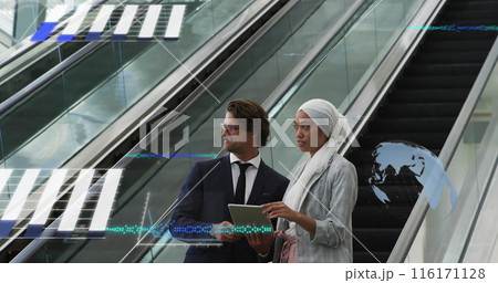Image of financial data processing over diverse business people on escalator 116171128
