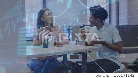 Image of graphs, trading board, loading circles, diverse coworkers discussing during lunch break Image of graphs, trading board, loading circles, diverse coworkers discussing during lunch break 116171142