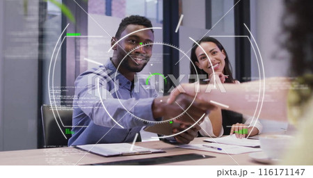 Image of circles and computer language over diverse entrepreneurs discussing and shaking hands Image of circles and computer language over diverse entrepreneurs discussing and shaking hands 116171147