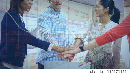 Image of multiple graphs, trading boars over diverse coworkers putting hands together in office 116171151