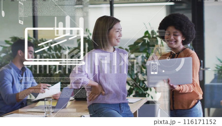 Image of graphs, icons and trading board over diverse coworkers discussing reports on laptop 116171152
