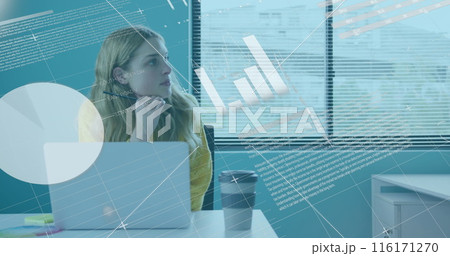 Image of statistical data processing over thoughtful caucasian woman taking notes at office Image of statistical data processing over thoughtful caucasian woman taking notes at office 116171270