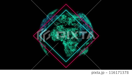 Image of neon lines over globe with connections over black background 116171378