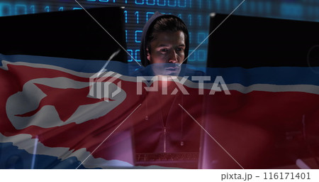 Image of binary coding with hacker over flag of north korea 116171401