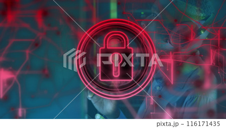 Image of icon padlock data processing over african american it man by computer servers 116171435