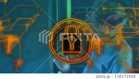 Image of icon padlock data processing over african american it man by computer servers 116171438