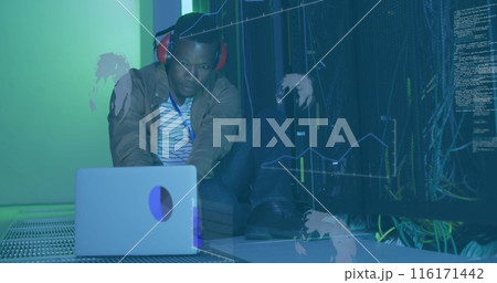 Image of data processing over african american it man by computer servers 116171442